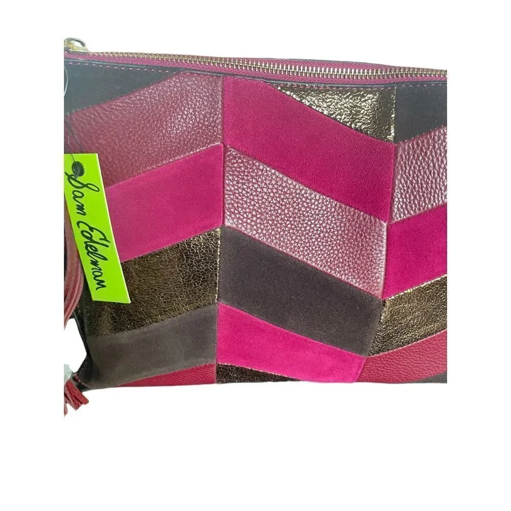 NWT Sam Edelman Chevron Suede Leather Patchwork Fringe Clutch Red/ Brown - Picture 6 of 15